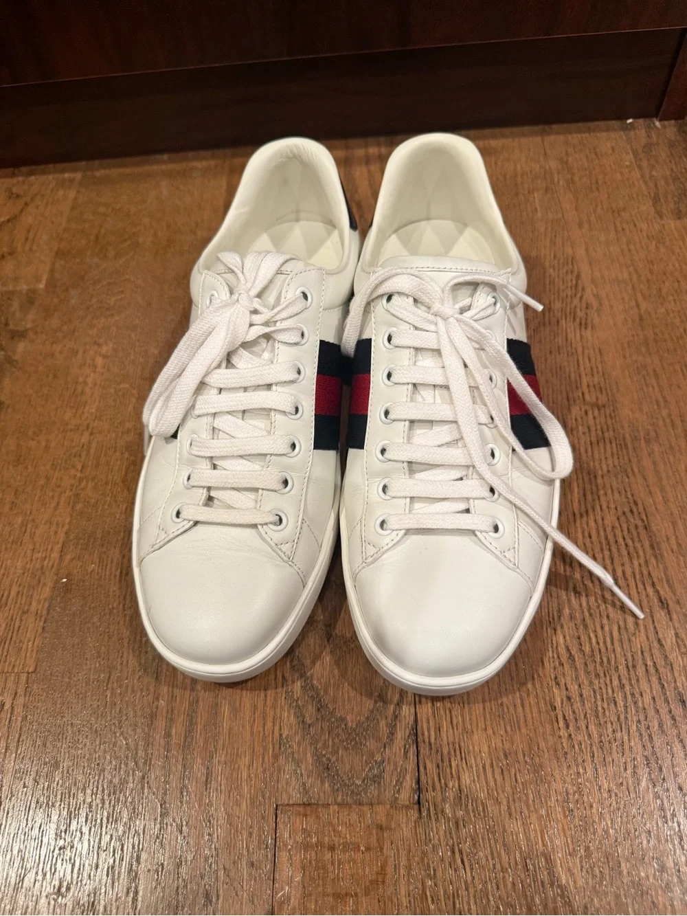 Gucci Ace Classic White Leather Web Stripe Sneakers Navy Snakeskin Heel
